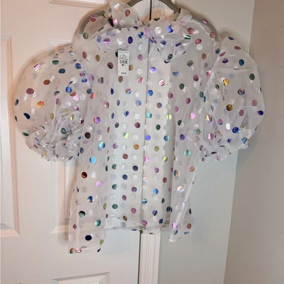 Ashley Stewart Organza Foil Dot Puff Sleeve Blouse NWT 18 - Picture 3 of 4